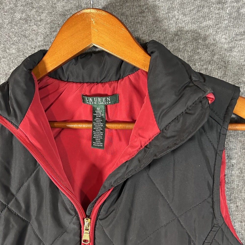 Lauren Ralph Lauren Quilted Vest Womens Black‎ Red Full Zip Jacket Medium